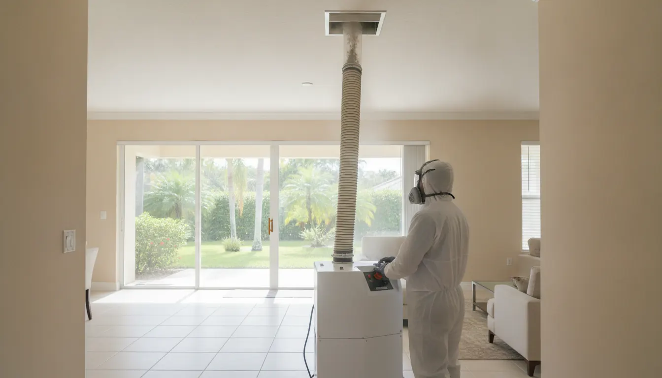 Technician connecting a negative-air duct cleaning machine to a ceiling vent in a Florida home