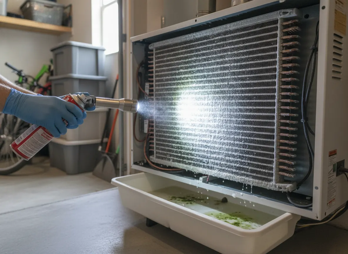 Air handler with its panel off showing the evaporator coil and drain pan