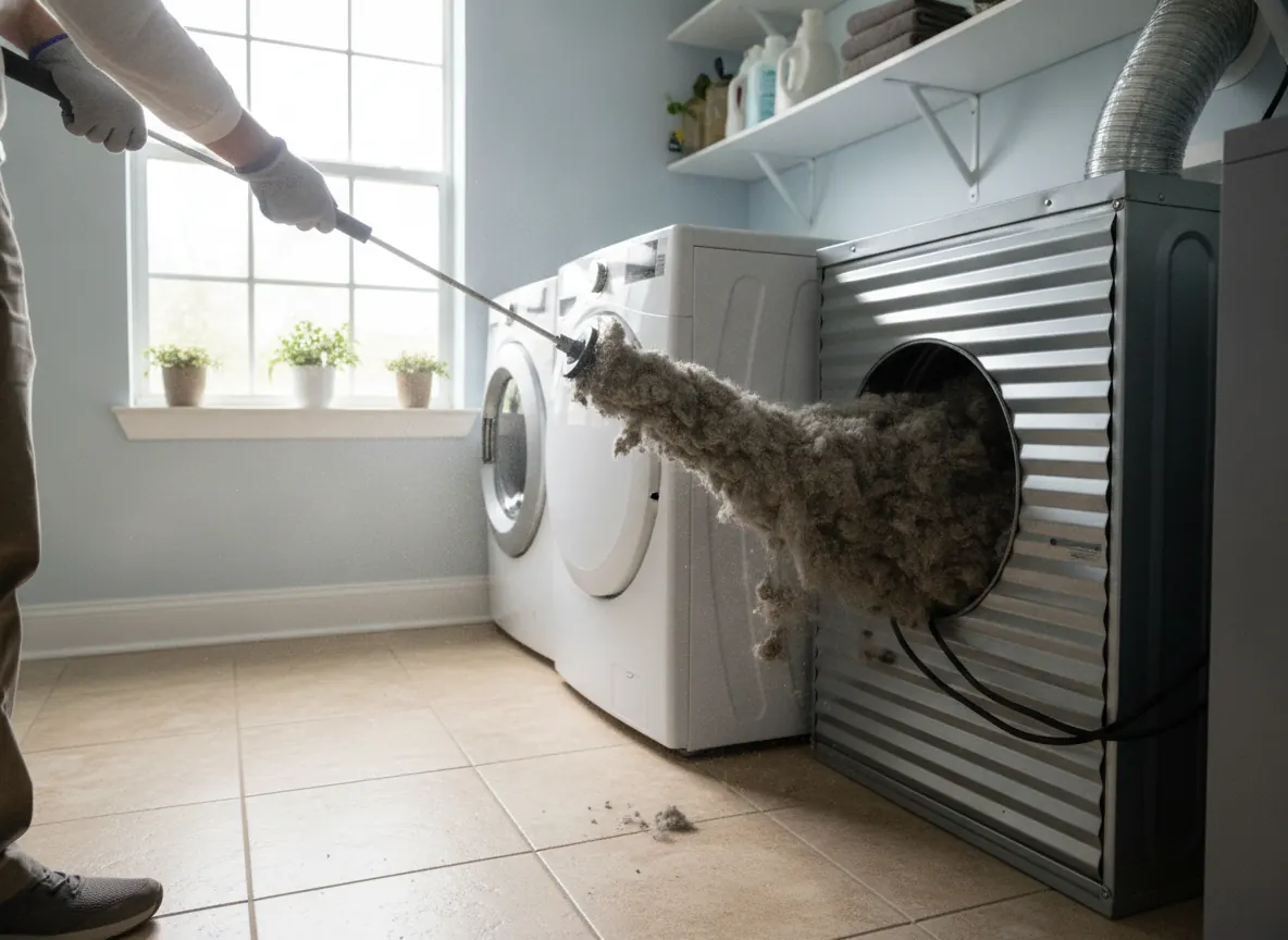 Rotary brush pulling lint out of a dryer vent duct