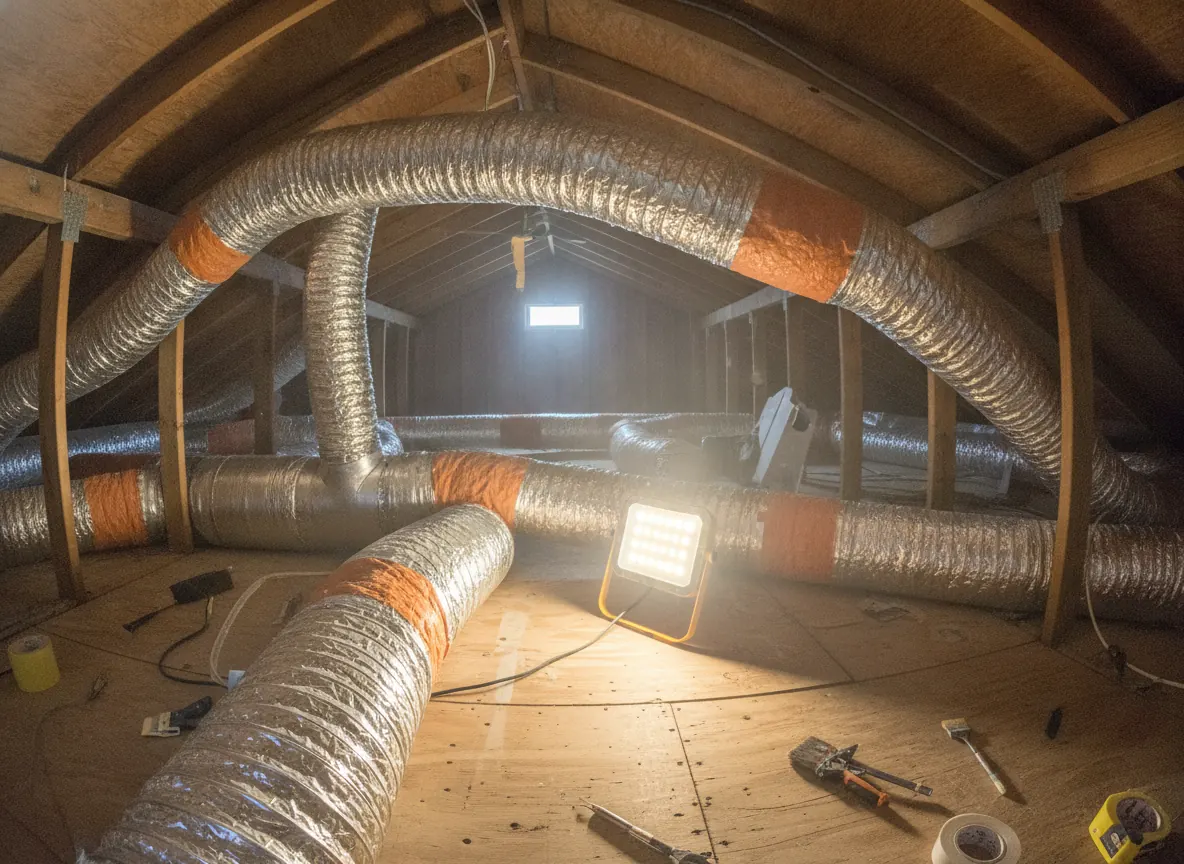 Attic flex duct joints sealed with mastic and foil tape
